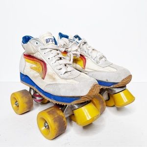 Vintage 70’s Roller Skates, Norsport, White Yellow Blue Rainbow Size 7 Women’s